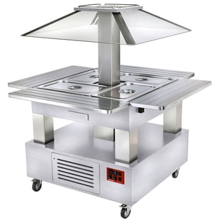 Diamond | Eiland bain-marie warm buffet, gemotoriseerd koepel  4x GN 1/1-150 (wit hout) | CBM/4D-A1_KM