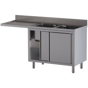 Diamond | Spoeltafel met 2 kuipen 400×500×300, afdruipblad links, op kast met 2 schuifdeuren en ruimte voor vaatwasser | L1621/VAD-SS4