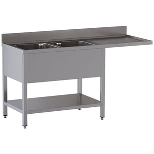 Diamond | Spoeltafel met 2 kuipen en 1 afdruipblad rechts, met onderlegplank en ruimte voor vaatwasser | L1621/VD-SD2