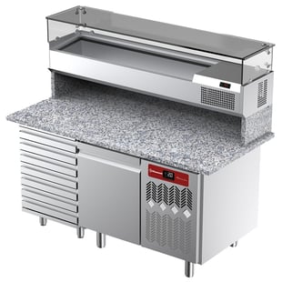 Diamond | Geventileerde koeltafel voor pizza met 1 deur en 7 lades en gekoelde vitrine 1600x380x410 en werkblad in graniet. | TPC-165/PL2