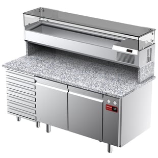 Diamond | Geventileerde koeltafel voor pizza met 2 deuren en 7 lades en gekoelde vitrine 1800x380x410 en werkblad in graniet. | TPC-185/PL5