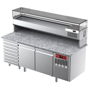Diamond | Geventileerde koeltafel voor pizza met 2 deuren en 7 lades en gekoelde vitrine 2000x380x410 en werkblad in graniet. | TPC-205/PL4