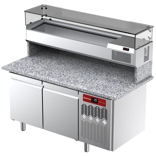 Diamond | Geventileerde koeltafel voor pizza met 2 deuren en gekoelde vitrine 1600x380x410 en werkblad in graniet. | TPP-165/PL1