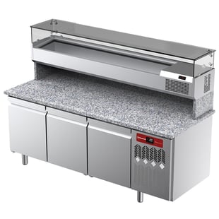 Diamond | Geventileerde koeltafel voor pizza met 3 deuren en gekoelde vitrine 2000x380x410 en werkblad in graniet. | TPP-205/PL3