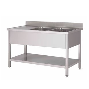 Gastro Inox | Spoelwerktafel van roestvrijstaal AISI 304 met 2 spoelbakken R en onderblad, 1400(l)x600(d)x880(h)mm - GI-305.465
