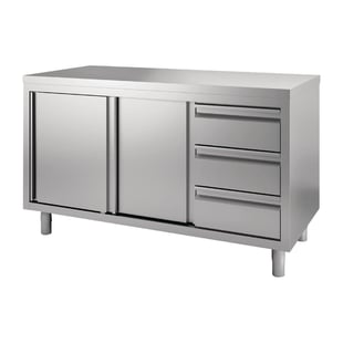 Gastro M | RVS Werktafel Met Schuifdeuren En 3 Laden 85/90x160x70cm