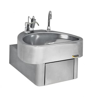 Sofinor Clinium RVS ziekenhuis Wasbak met kniebediening, voormengkraan, NF norm, zeep dispenser, nagelborstel LMAC2