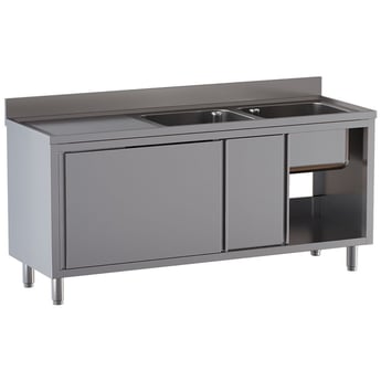 Diamond | Spoeltafel 2 kuipen 500×500×300, afdruipblad links, op kast met 2 schuifdeuren | L1821/AD-SS8