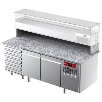 Diamond | Geventileerde koeltafel voor pizza met 2 deuren en 7 lades met werkblad in graniet. | TPC-205/M4