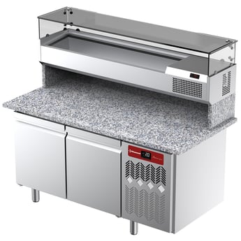 Diamond | Geventileerde koeltafel voor pizza met 2 deuren en gekoelde vitrine 1600x380x410 en werkblad in graniet. | TPP-165/PL1
