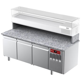 Diamond | Geventileerde koeltafel voor pizza met 3 deuren met werkblad in graniet. | TPP-205/M3