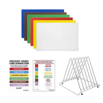 Hygiplas | set van 6 HDPE snijplanken met rek en HACCP kleurcode kaart 12(h)x455(b)x305(d)mm