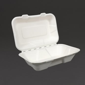 Vegware | composteerbare bagasse voedseldozen met scharnierdeksel 22,8cm (200 stuks)
